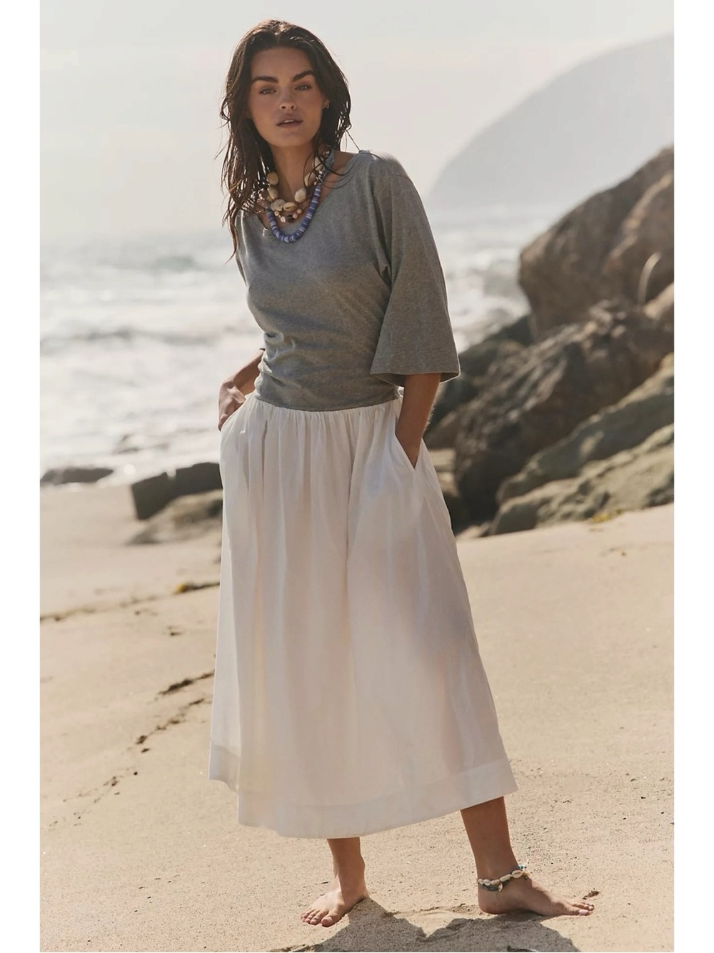 Free People Sunlit Chic Midi Dress Grey White LagenLook Minimalist Bohemian XL